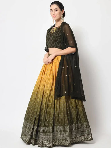 Ornate Olive Green Foil Printed Silk Lehenga Choli With Shrug